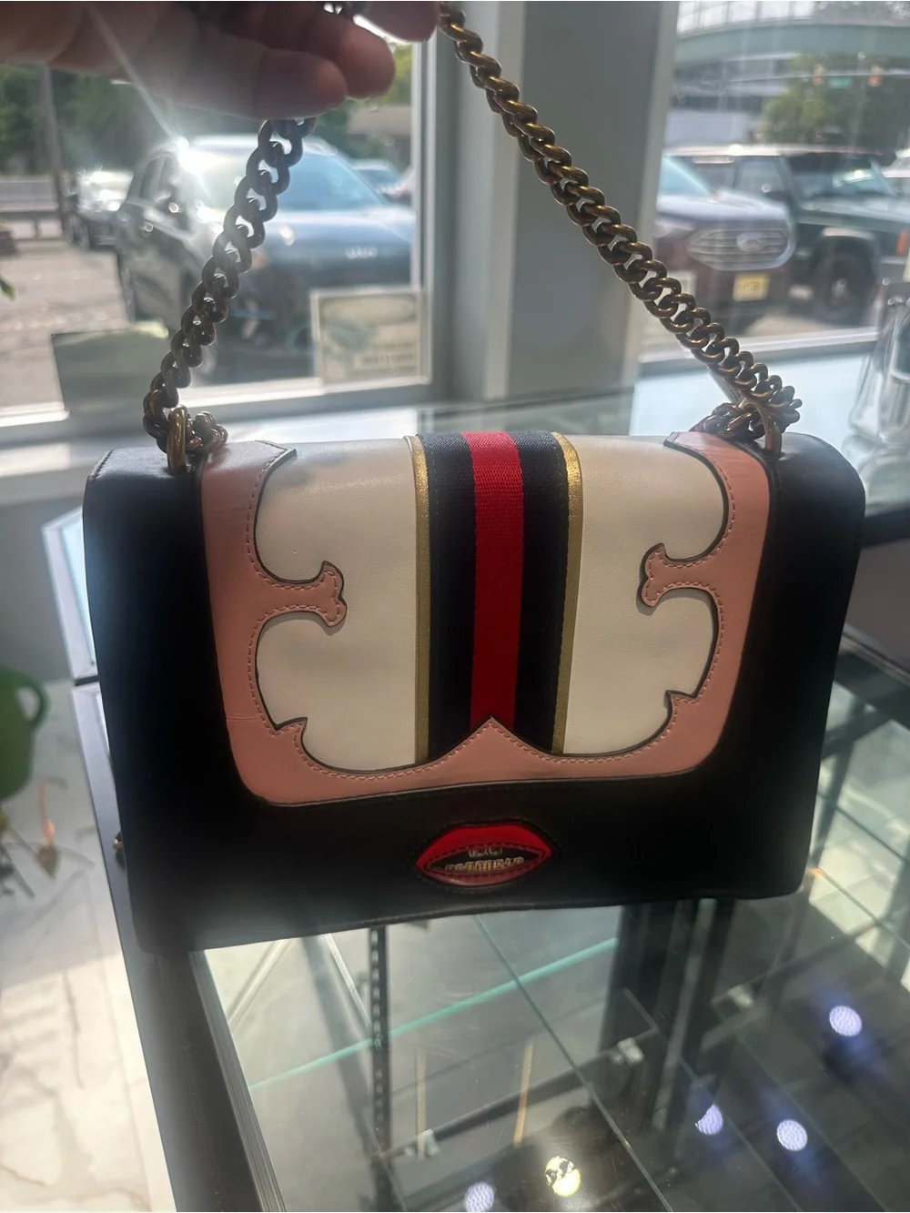 Gucci Black Leather Shoulder Bag with Pink, White, Red and Gold Accents